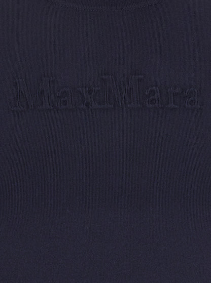 Max Mara Women Blue Crewneck T-Shirt With Tonal Logo Lettering On The Front In Viscose Blend Woman by Luosophy