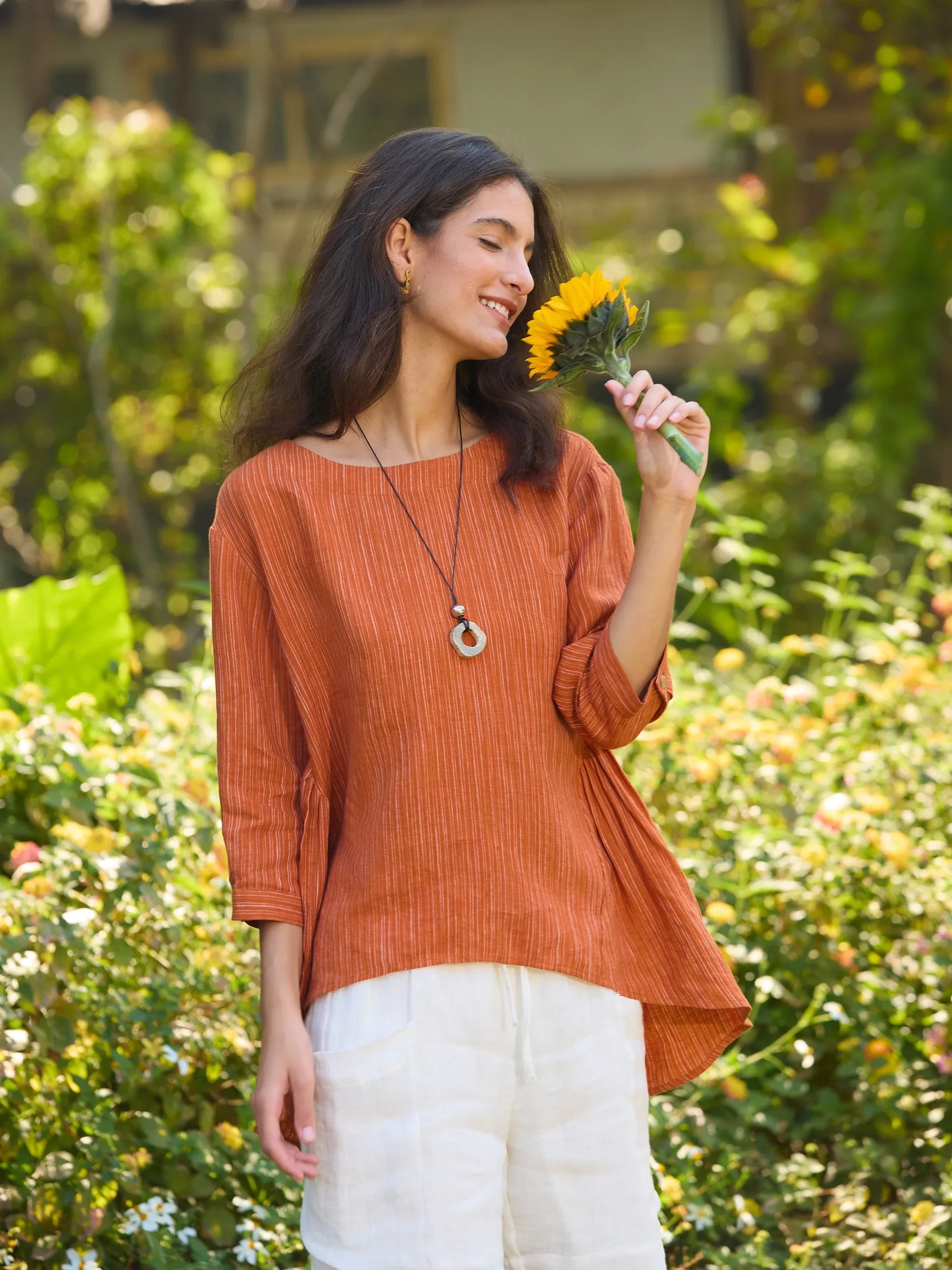 100% Linen Round Neck Artistic Stripe Top FLORENCE by LINTICO