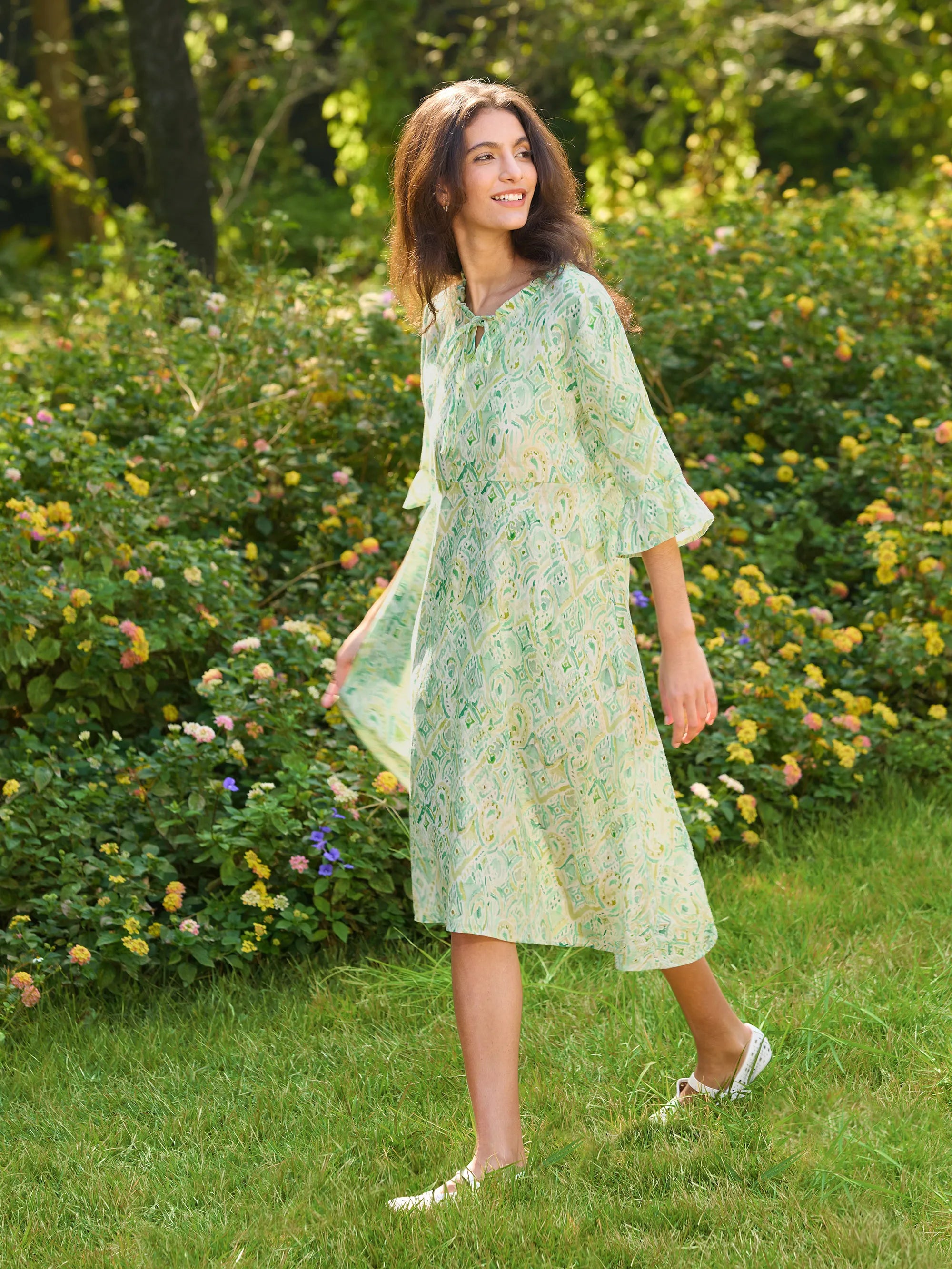 100% Linen A-Line Ruffled Collar Tie-Neck Midi Dress LIVIA by LINTICO