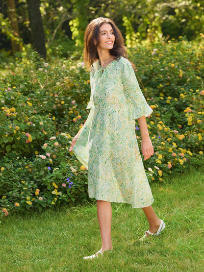 100% Linen A-Line Ruffled Collar Tie-Neck Midi Dress LIVIA by LINTICO