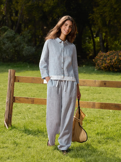 100% Linen Buttoned Closure Color-Blocked Shirt JANICE by LINTICO