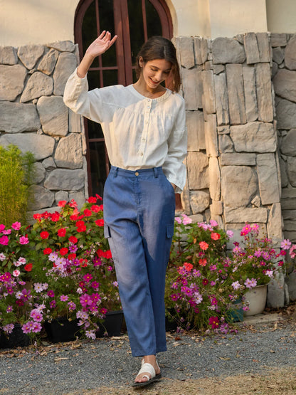 100% Linen Cargo Tapered Trousers with Patch Pockets JESSE by LINTICO
