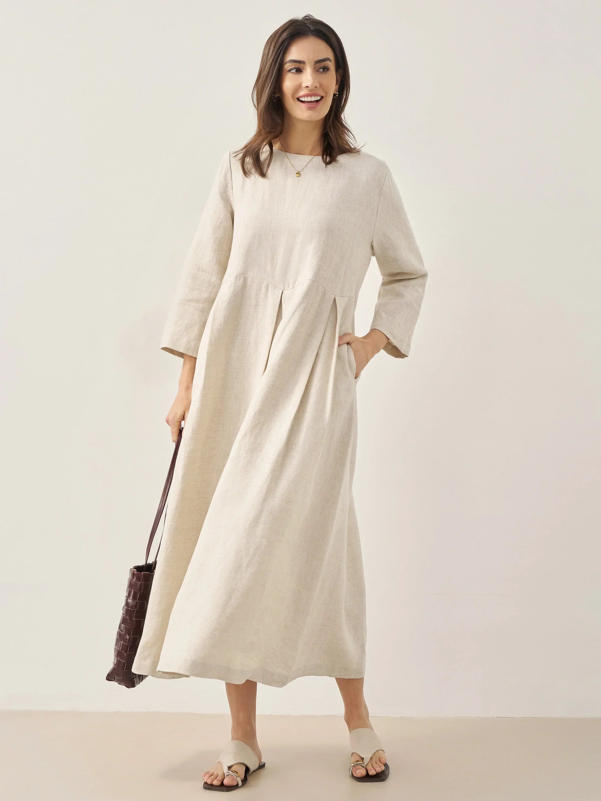 100% Linen Bateau Neck Pleated Midi Dress ABIGAIL  DestGlow