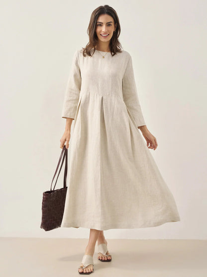 100% Linen Bateau Neck Pleated Midi Dress ABIGAIL  DestGlow