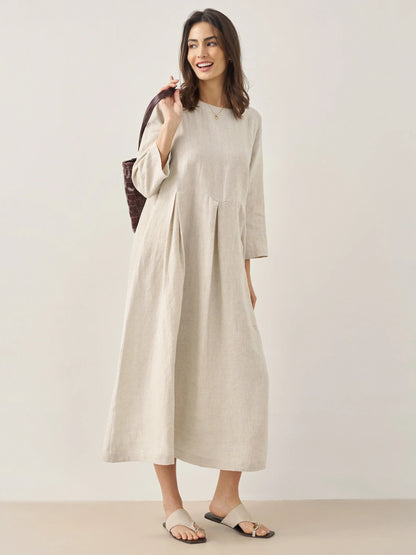 100% Linen Bateau Neck Pleated Midi Dress ABIGAIL by LINTICO