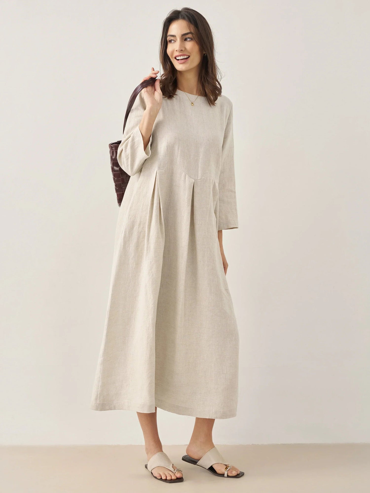 100% Linen Bateau Neck Pleated Midi Dress ABIGAIL  DestGlow