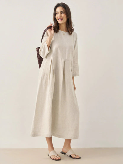100% Linen Bateau Neck Pleated Midi Dress ABIGAIL  DestGlow