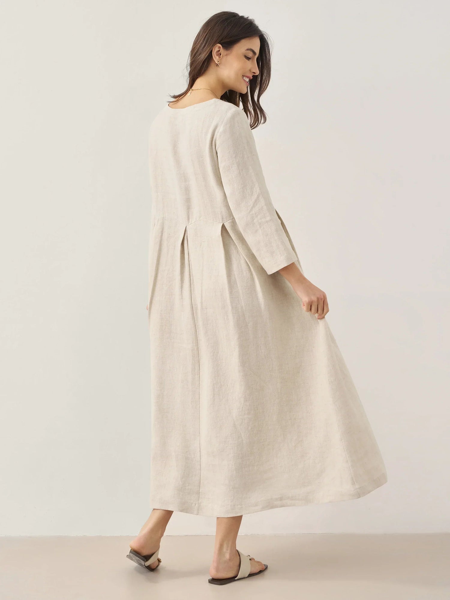 100% Linen Bateau Neck Pleated Midi Dress ABIGAIL  DestGlow
