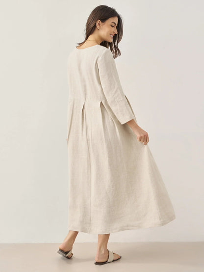 100% Linen Bateau Neck Pleated Midi Dress ABIGAIL  DestGlow