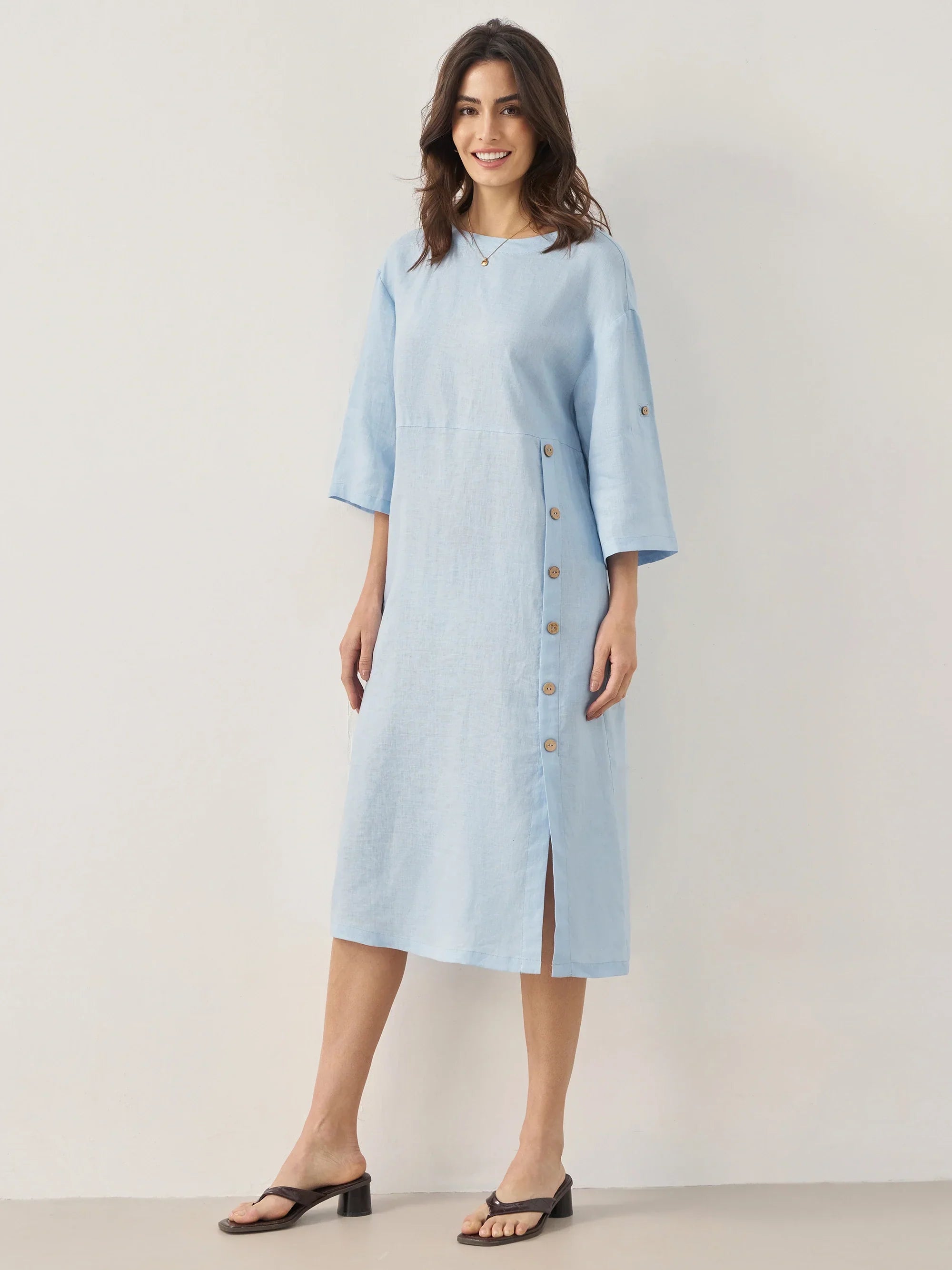 100% Linen Round Neck Button Detail Midi Dress JELENA by LINTICO