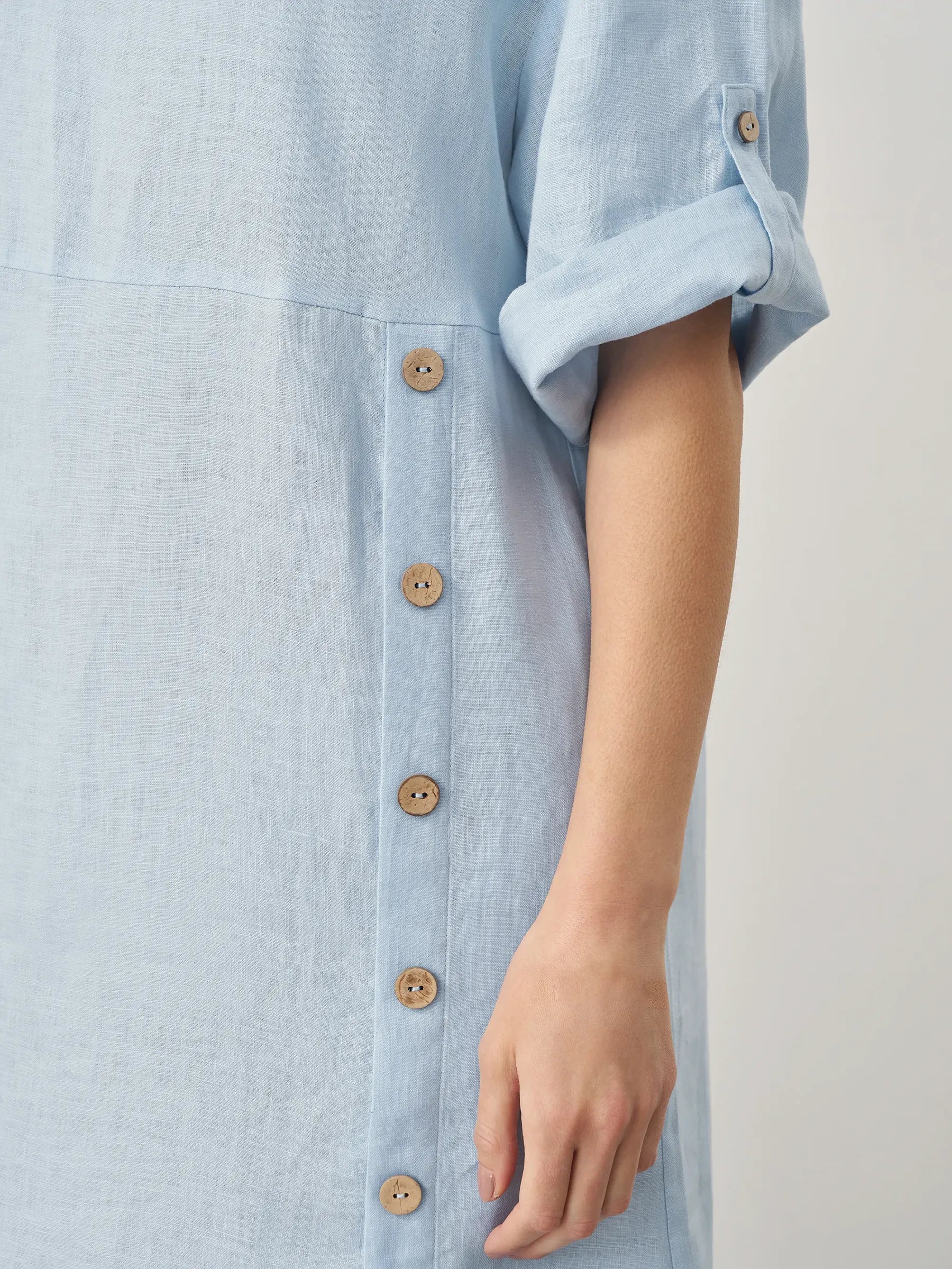 100% Linen Round Neck Button Detail Midi Dress JELENA by LINTICO