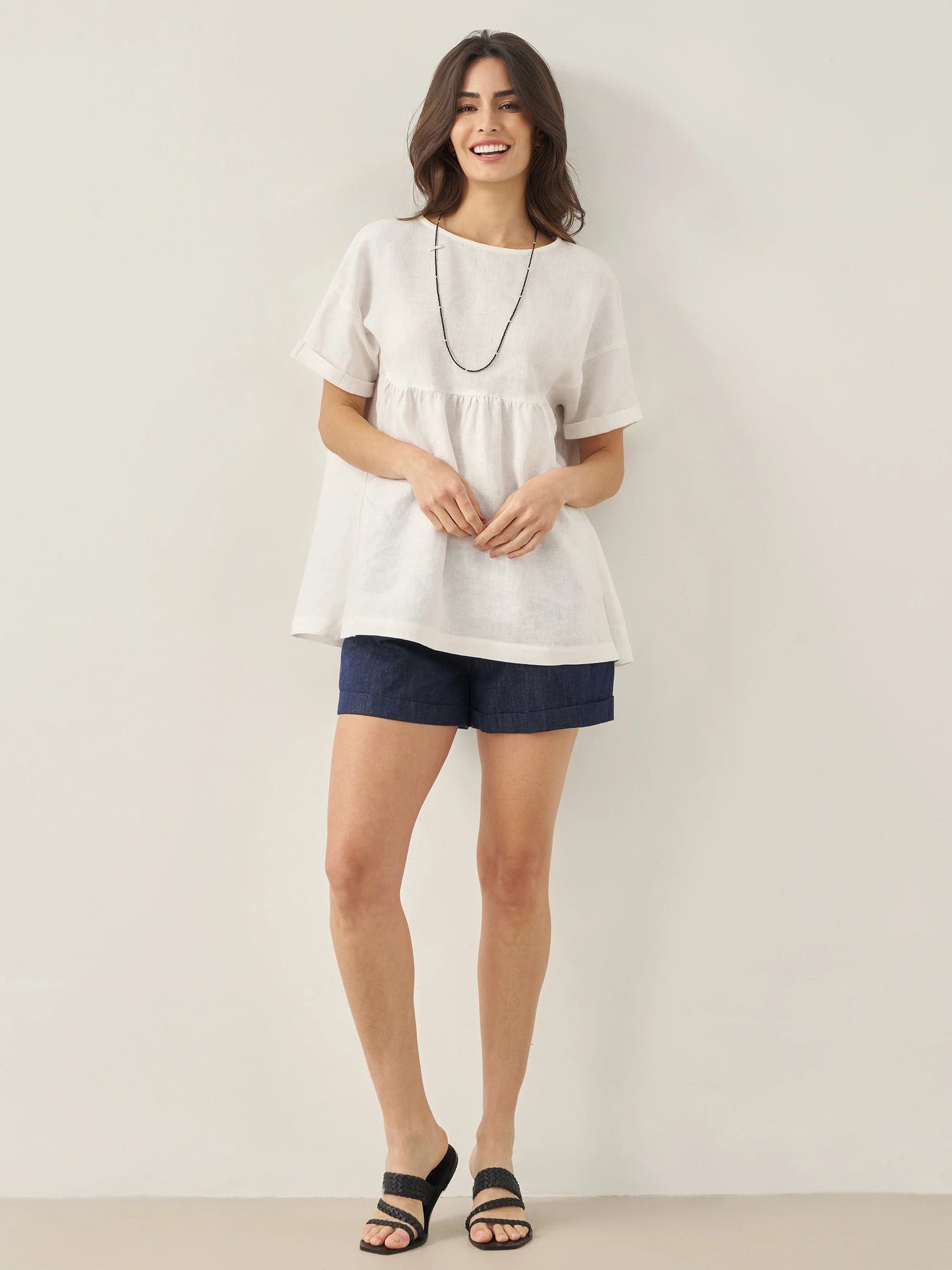 100% Linen Round Neck Pleated Pullover Top QUINLAN by LINTICO