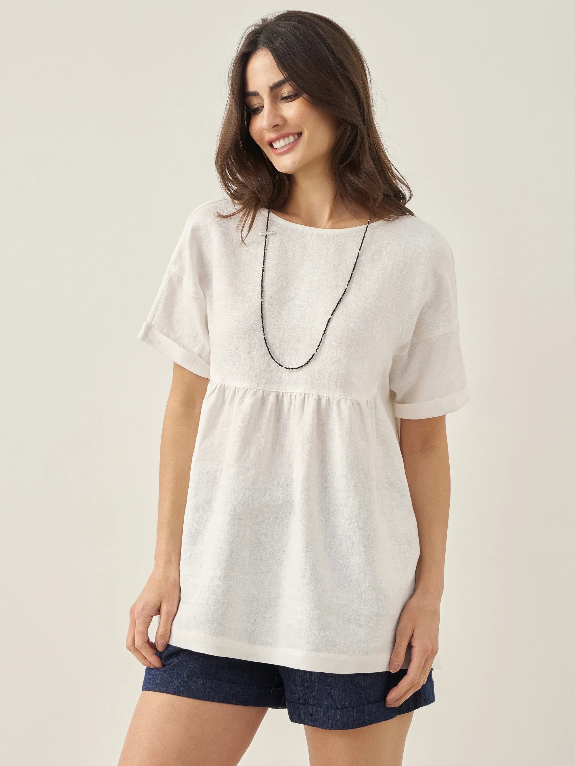 100% Linen Round Neck Pleated Pullover Top QUINLAN by LINTICO