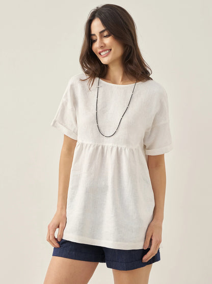 100% Linen Round Neck Pleated Pullover Top QUINLAN by LINTICO