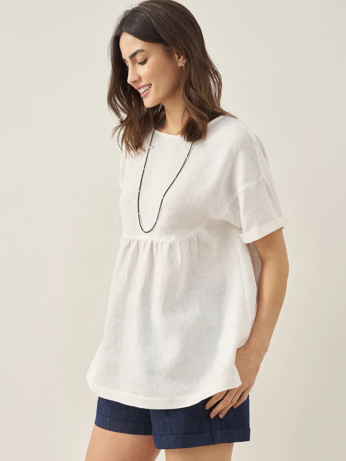 100% Linen Round Neck Pleated Pullover Top QUINLAN by LINTICO