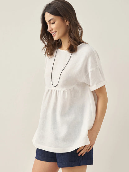100% Linen Round Neck Pleated Pullover Top QUINLAN by LINTICO