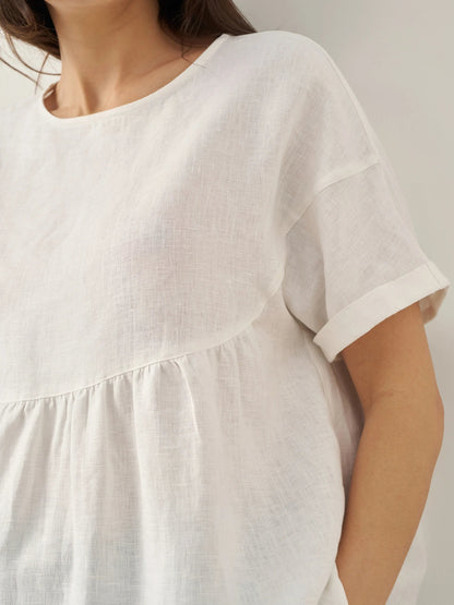 100% Linen Round Neck Pleated Pullover Top QUINLAN by LINTICO