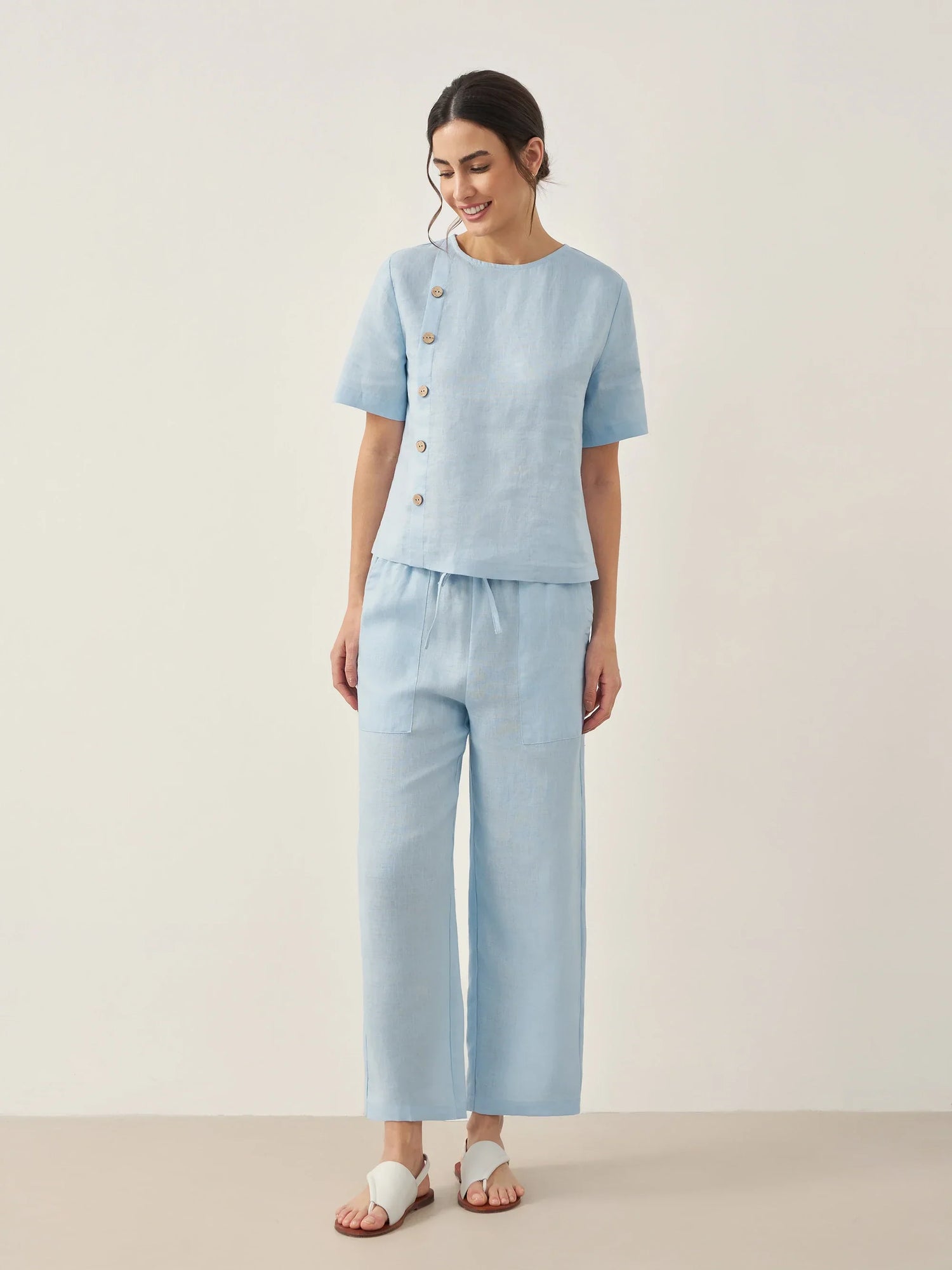 100% Linen Short-Sleeve Round Neck Button Detail Top &amp; Pants Set JOSIE by LINTICO
