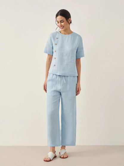 100% Linen Short-Sleeve Round Neck Button Detail Top &amp; Pants Set JOSIE by LINTICO