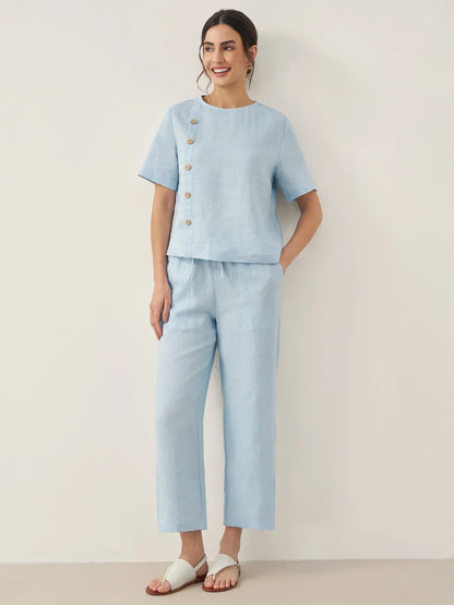 100% Linen Short-Sleeve Round Neck Button Detail Top &amp; Pants Set JOSIE by LINTICO