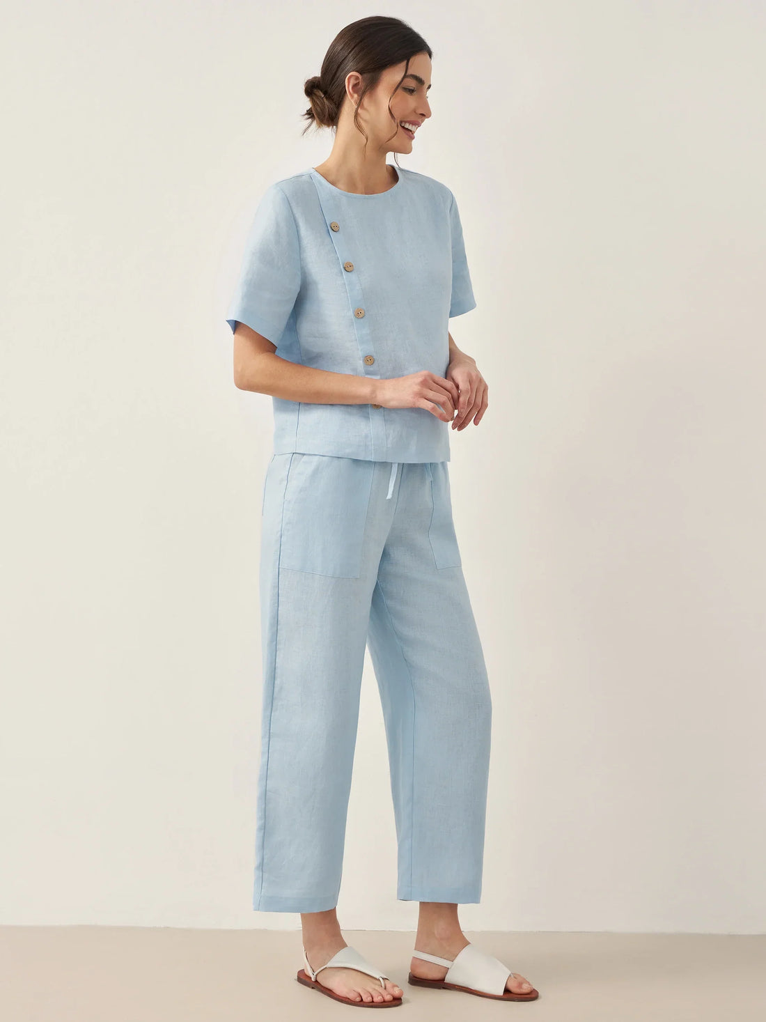 100% Linen Short-Sleeve Round Neck Button Detail Top &amp; Pants Set JOSIE by LINTICO