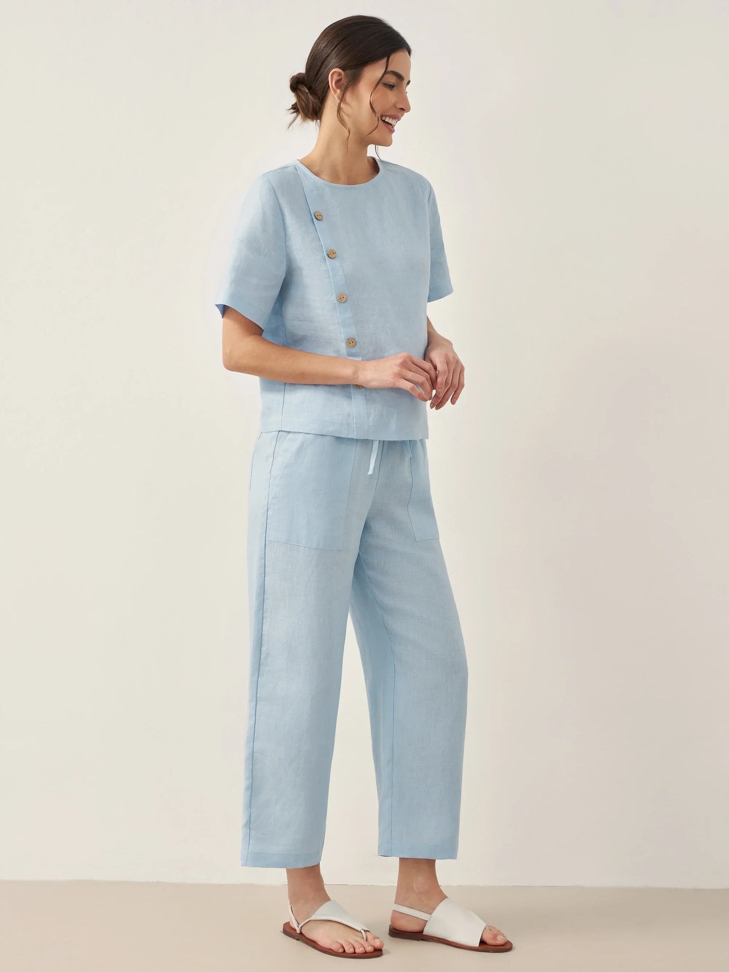 100% Linen Short-Sleeve Round Neck Button Detail Top &amp; Pants Set JOSIE by LINTICO
