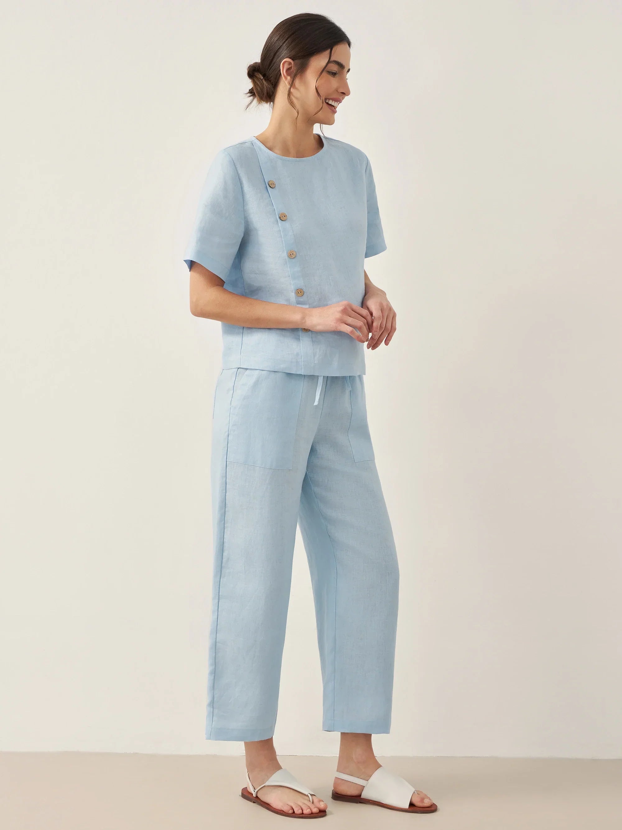 100% Linen Short-Sleeve Round Neck Button Detail Top &amp; Pants Set JOSIE by LINTICO