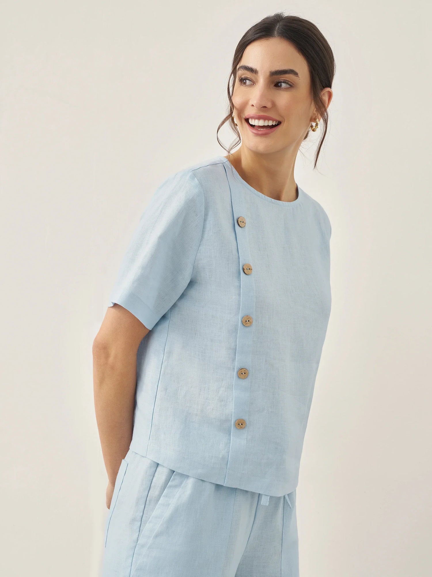 100% Linen Short-Sleeve Round Neck Button Detail Top &amp; Pants Set JOSIE by LINTICO