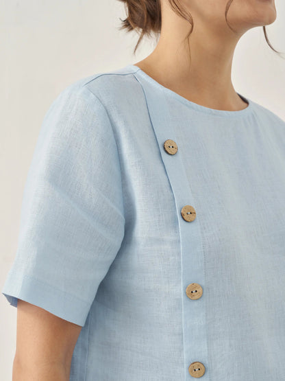 100% Linen Short-Sleeve Round Neck Button Detail Top &amp; Pants Set JOSIE by LINTICO