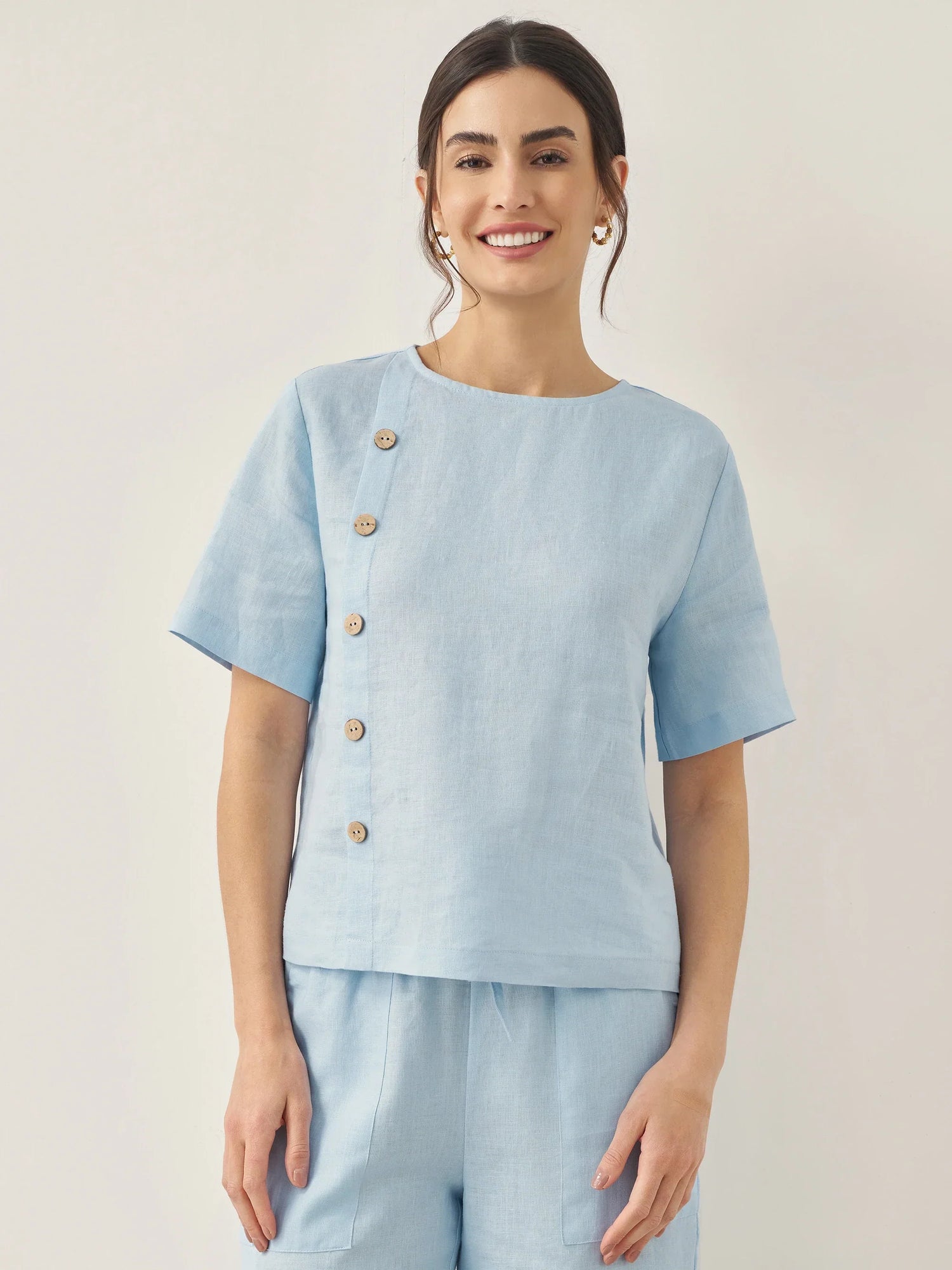 100% Linen Short-Sleeve Round Neck Button Detail Top &amp; Pants Set JOSIE by LINTICO
