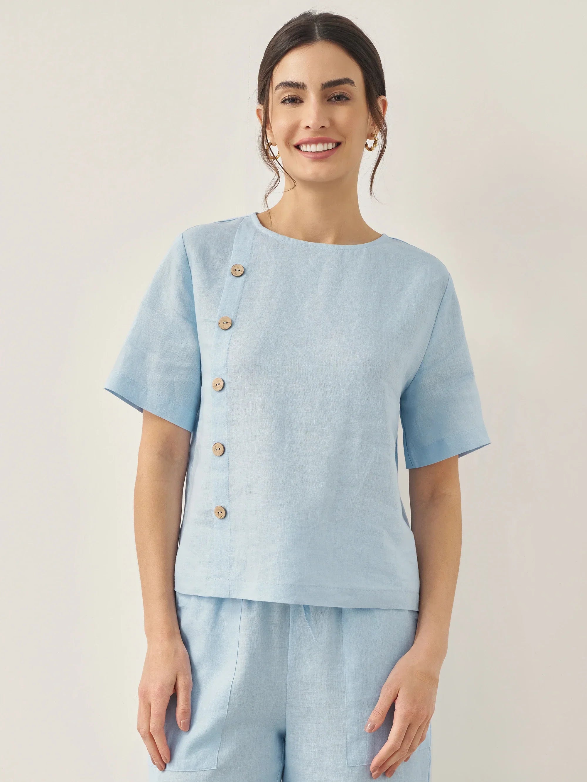 100% Linen Short-Sleeve Round Neck Button Detail Top &amp; Pants Set JOSIE by LINTICO