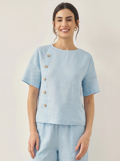 100% Linen Short-Sleeve Round Neck Button Detail Top &amp; Pants Set JOSIE by LINTICO