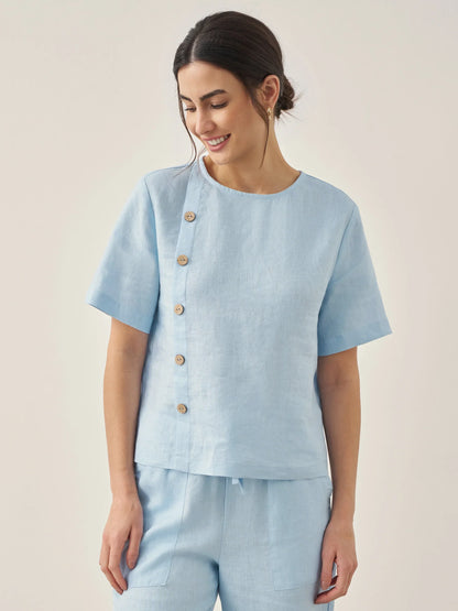 100% Linen Short-Sleeve Round Neck Button Detail Top &amp; Pants Set JOSIE by LINTICO