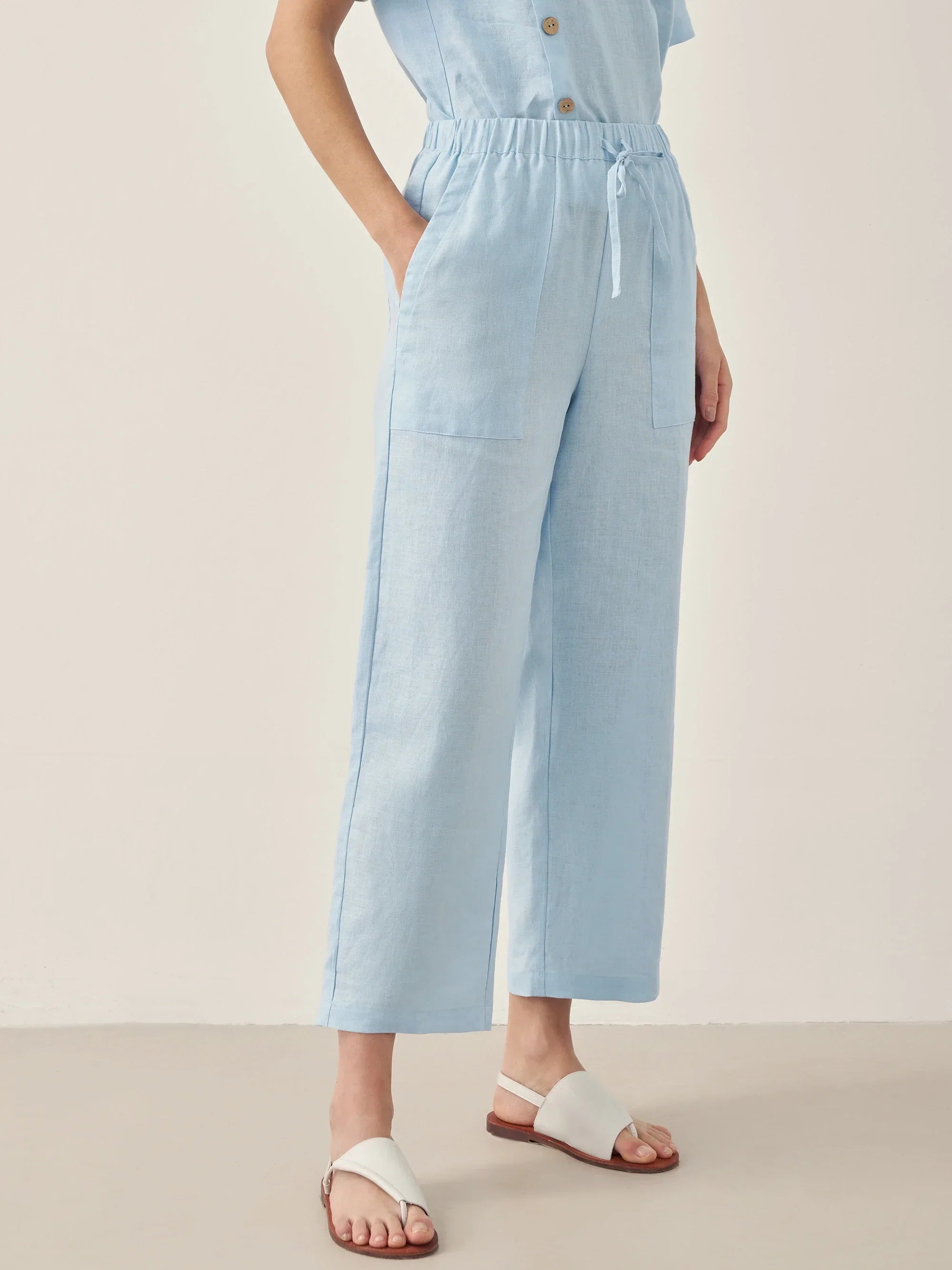 100% Linen Short-Sleeve Round Neck Button Detail Top &amp; Pants Set JOSIE by LINTICO