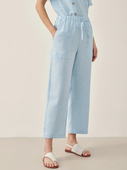 100% Linen Short-Sleeve Round Neck Button Detail Top &amp; Pants Set JOSIE by LINTICO