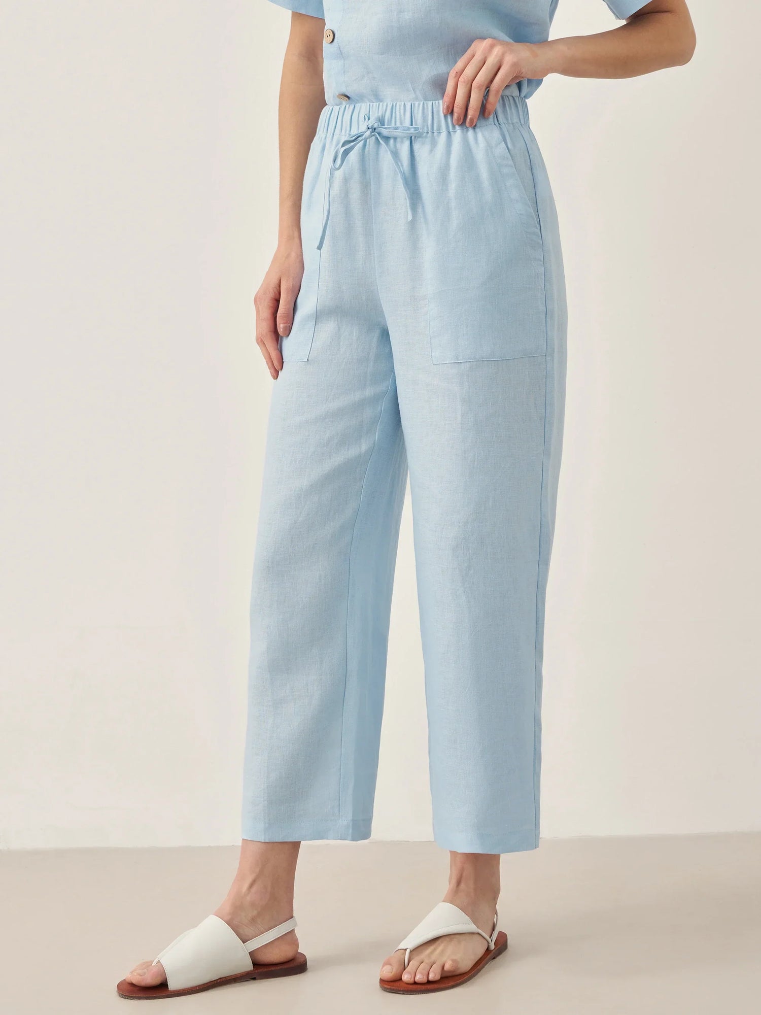 100% Linen Short-Sleeve Round Neck Button Detail Top &amp; Pants Set JOSIE by LINTICO