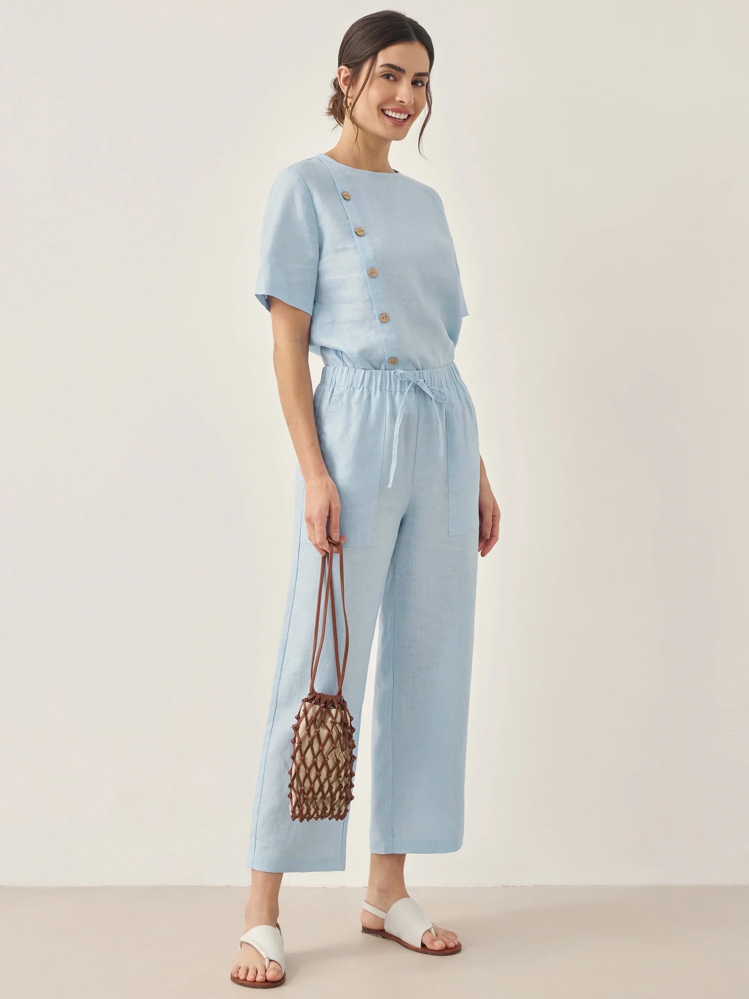 100% Linen Short-Sleeve Round Neck Button Detail Top &amp; Pants Set JOSIE by LINTICO
