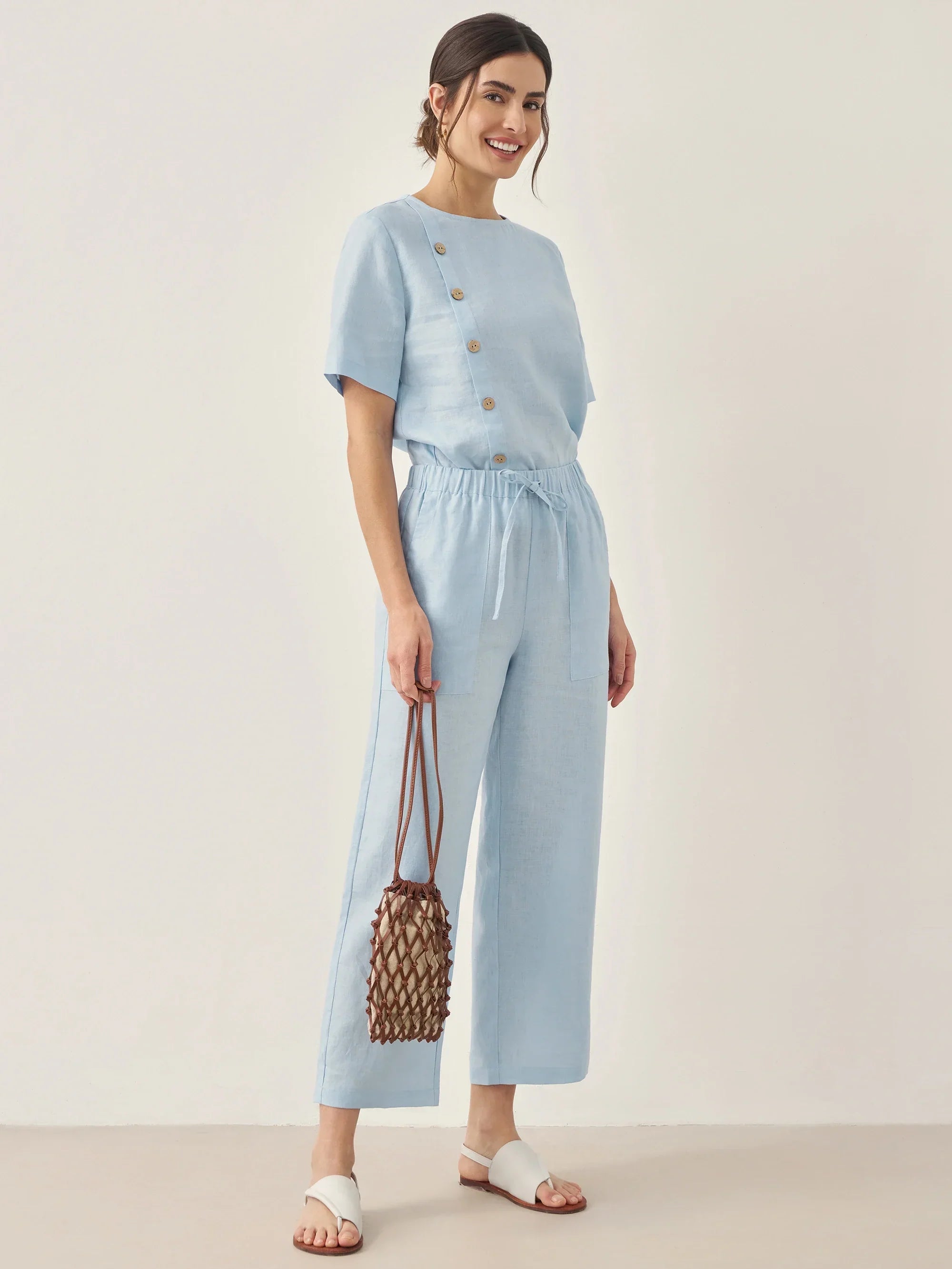 100% Linen Short-Sleeve Round Neck Button Detail Top &amp; Pants Set JOSIE by LINTICO