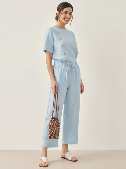 100% Linen Short-Sleeve Round Neck Button Detail Top &amp; Pants Set JOSIE by LINTICO