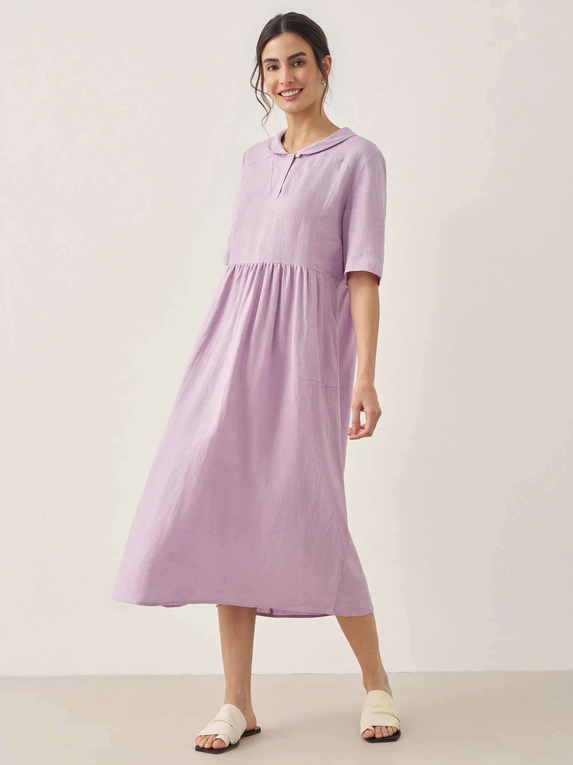 100% Linen Shawl V-Neck Pleated Maxi Dress SUSAN by LINTICO