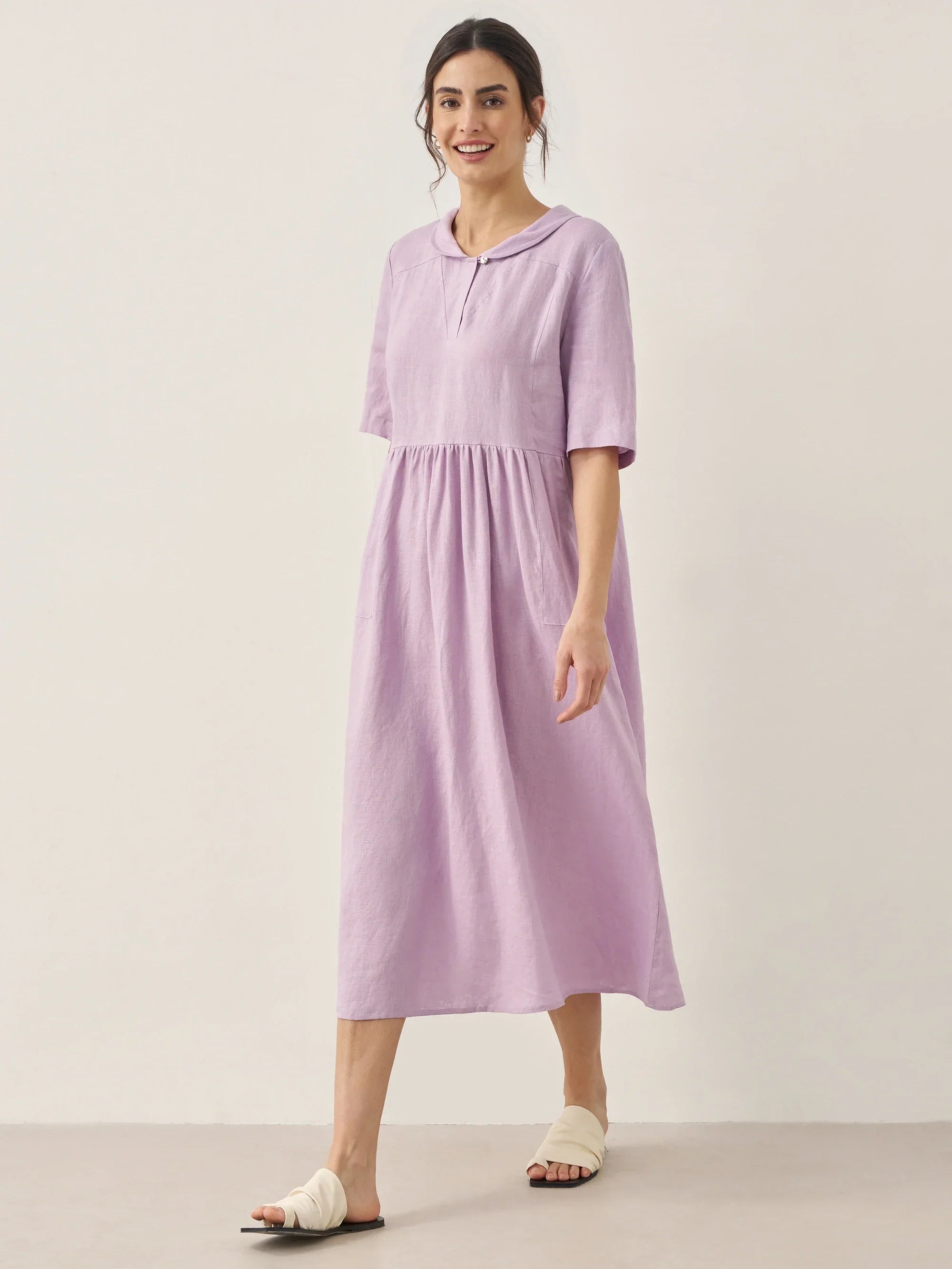 100% Linen Shawl V-Neck Pleated Maxi Dress SUSAN by LINTICO