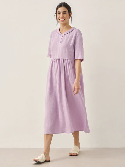 100% Linen Shawl V-Neck Pleated Maxi Dress SUSAN by LINTICO