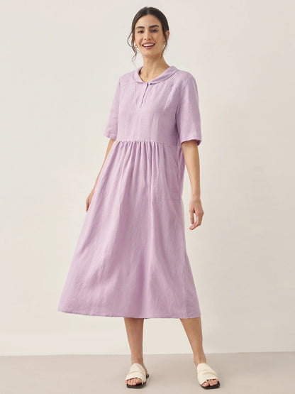 100% Linen Shawl V-Neck Pleated Maxi Dress SUSAN by LINTICO