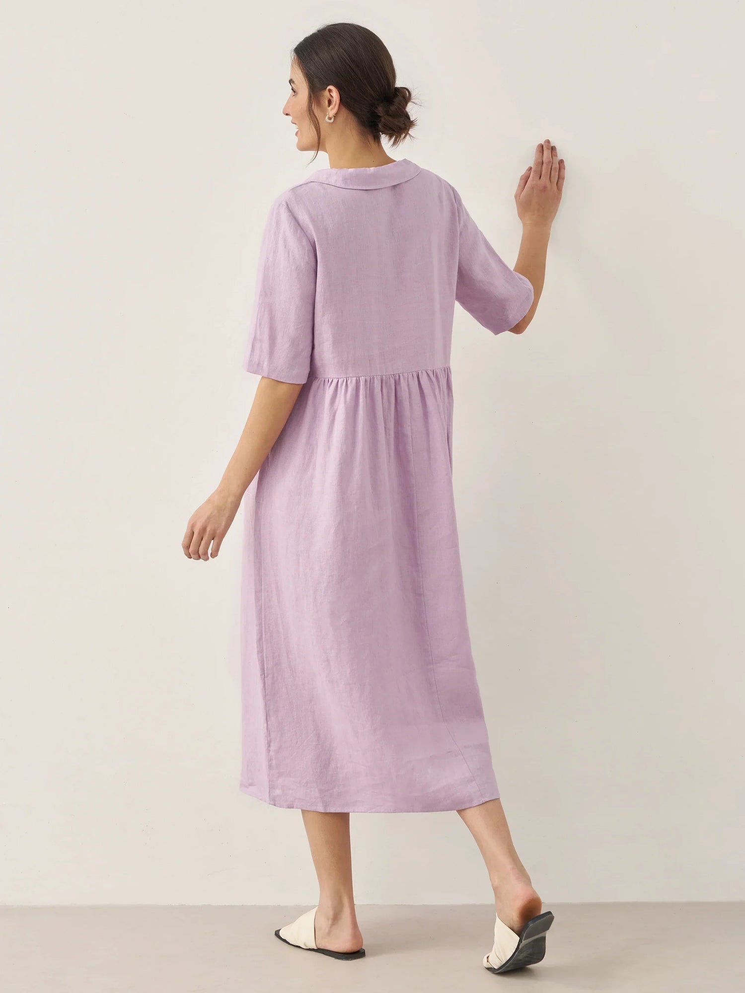 100% Linen Shawl V-Neck Pleated Maxi Dress SUSAN by LINTICO