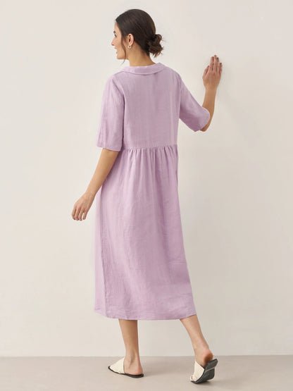 100% Linen Shawl V-Neck Pleated Maxi Dress SUSAN by LINTICO