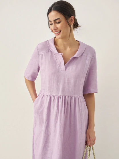 100% Linen Shawl V-Neck Pleated Maxi Dress SUSAN by LINTICO