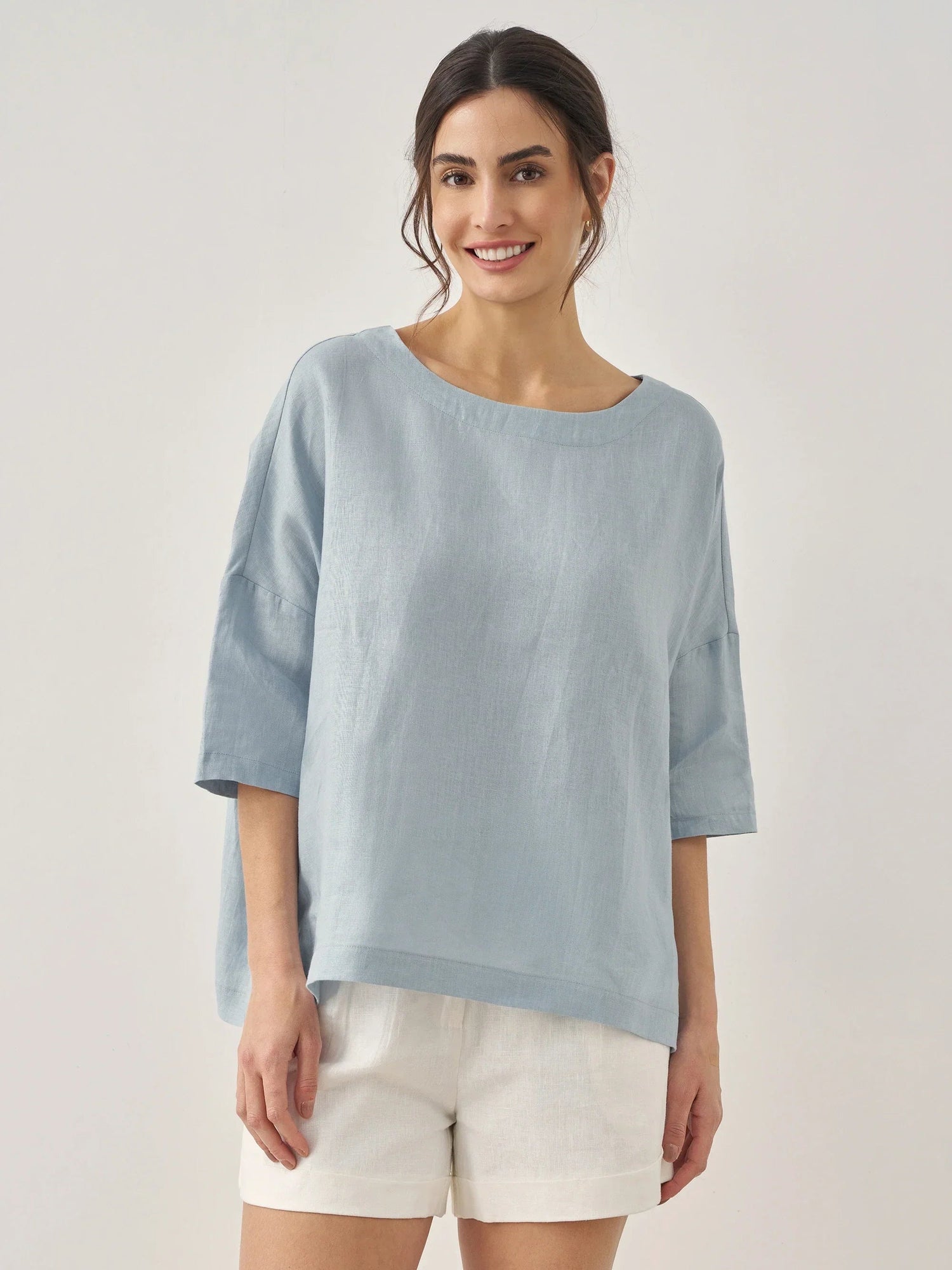 100% Linen Boatneck 3/4 Length Sleeve Top AURORA 