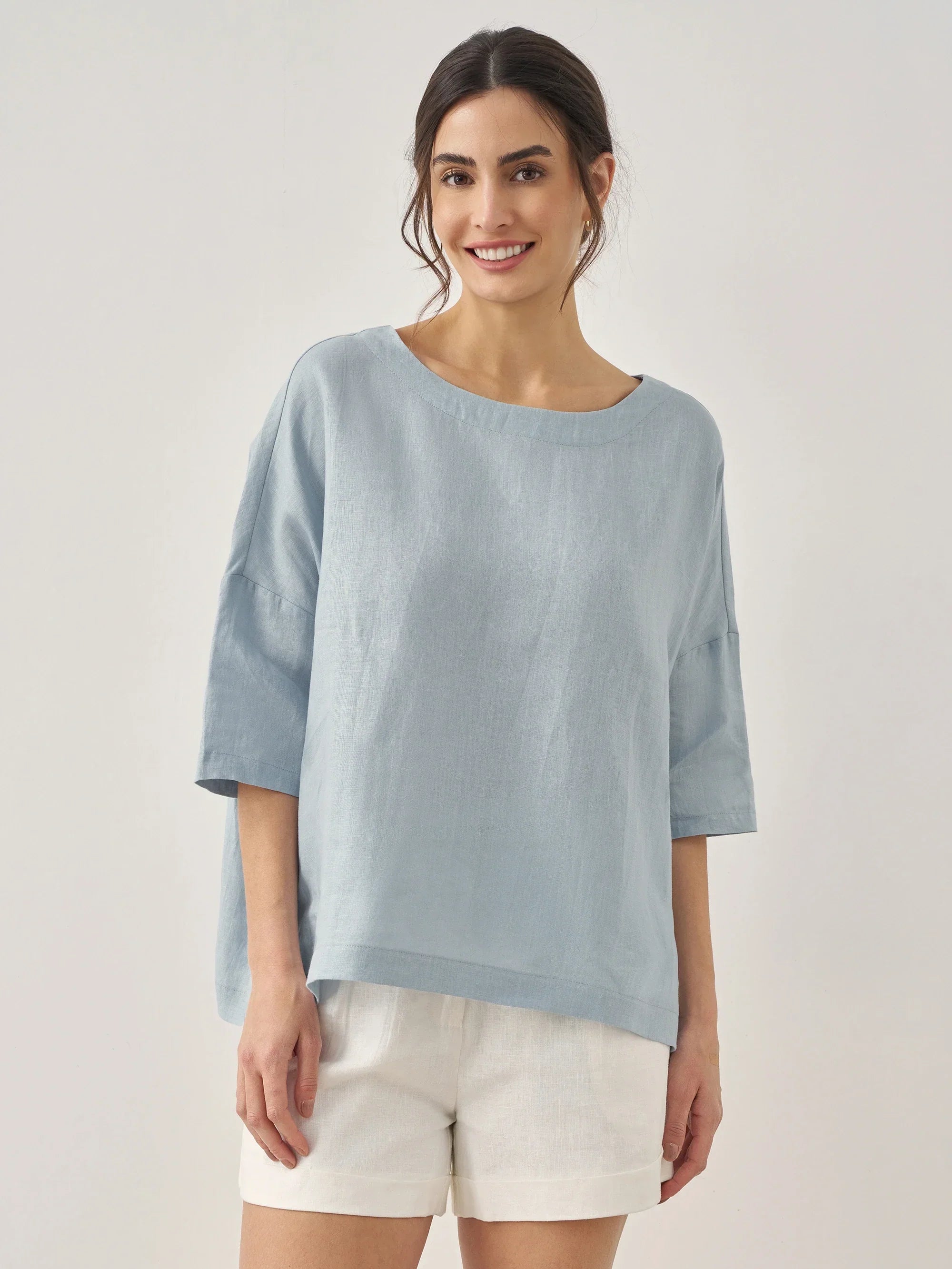 100% Linen Boatneck 3/4 Length Sleeve Top AURORA 