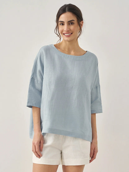 100% Linen Boatneck 3/4 Length Sleeve Top AURORA 
