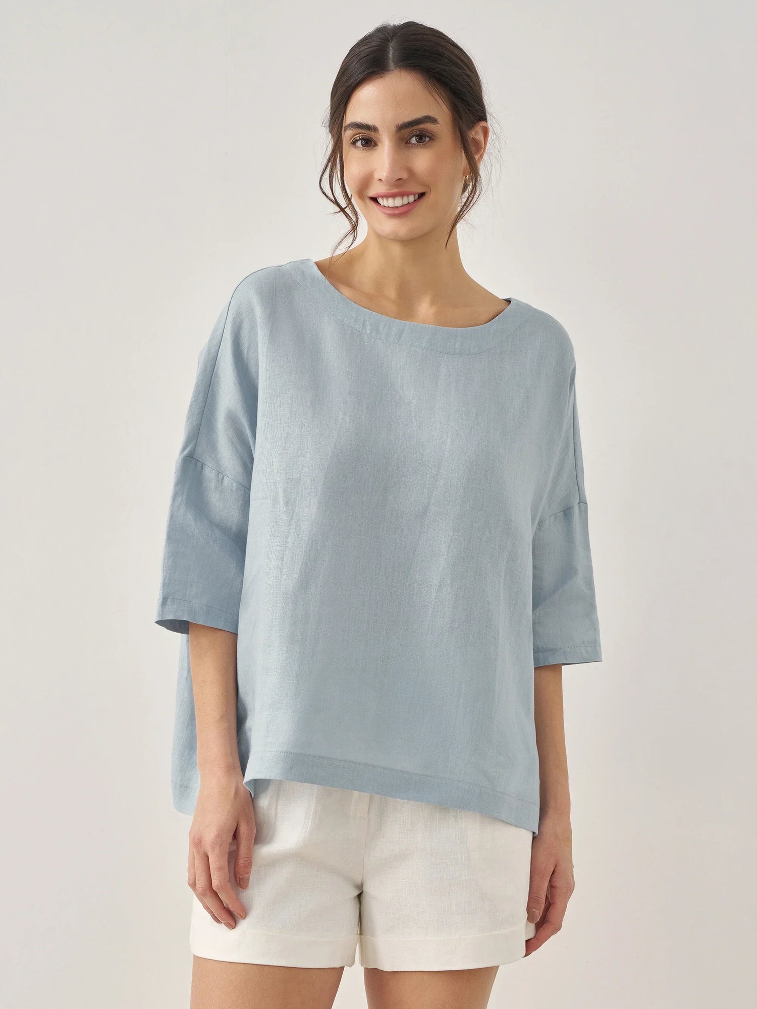 100% Linen Boatneck 3/4 Length Sleeve Top AURORA by LINTICO